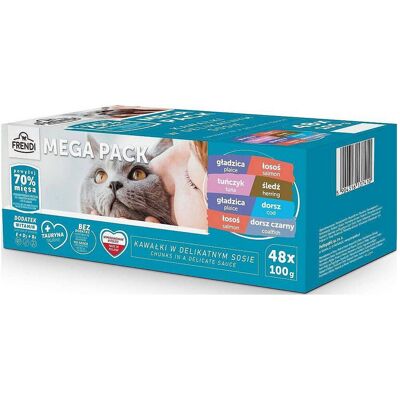 FRENDI Kawałki rybne w delikatnym sosie Box - mokra karma dla kota - 48x100g FRENDI Kawałki rybne w delikatnym sosie Box - mokra karma dla kota - 48x100g