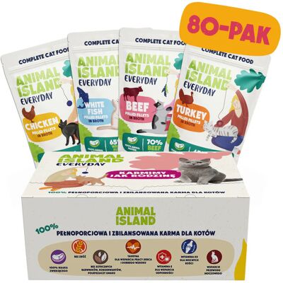 ANIMAL ISLAND Indyk / Biała ryba / Wołowina / Kurczak Fileciki w rosole Box - mokra karma dla kota - 80x85g ANIMAL ISLAND Indyk / Biała ryba / Wołowina / Kurczak Fileciki w rosole Box - mokra karma dla kota - 80x85g
