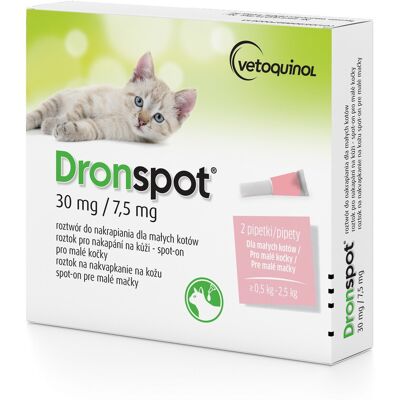 VETOQUINOL Dronspot Antyparazytki dla kotów - 30 mg/7,5 mg, 2 x 0.35 ml VETOQUINOL Dronspot Antyparazytki dla kotów - 30 mg/7,5 mg, 2 x 0.35 ml