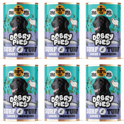 DOBRY PIES Surf & Turf Łosoś i jagnięcina - mokra karma dla psa - 6x400g DOBRY PIES Surf & Turf Łosoś i jagnięcina - mokra karma dla psa - 6x400g
