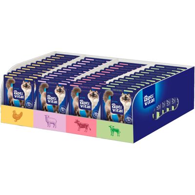 OPTIVITAL Szarpane kawałki w sosie z kurczakiem, wołowiną, jagnięciną i cielęciną Box - mokra karma dla kota - 112x85g OPTIVITAL Szarpane kawałki w sosie z kurczakiem, wołowiną, jagnięciną i cielęciną Box - mokra karma dla kota - 112x85g