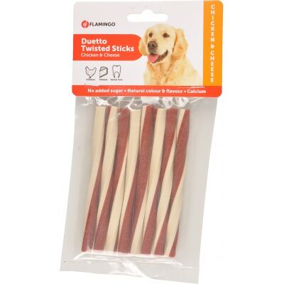 Flamingo Duetto Twisted Sticks - pałeczki z kurczakiem i serem 85 g Flamingo Duetto Twisted Sticks - pałeczki z kurczakiem i serem 85 g