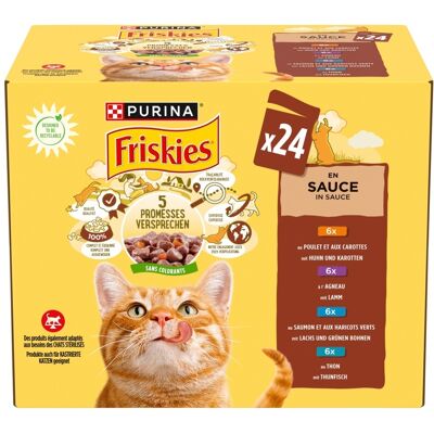 Friskies Mokra karma dla kotów wybór smaków z sosem - kurczak, jagnięcina, łosoś, tuńczyk 24 x 85 g Friskies Mokra karma dla kotów wybór smaków z sosem - kurczak, jagnięcina, łosoś, tuńczyk 24 x 85 g