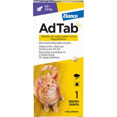 AdTab™Tabletka do rozgryzania i żucia dla kotów 1 szt. / o wadze od 0,5 kg do 2 kg AdTab™Tabletka do rozgryzania i żucia dla kotów 1 szt. / o wadze od 0,5 kg do 2 kg