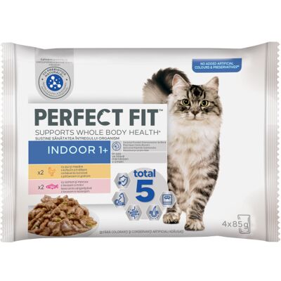 Perfect Fit Indoor 1+ karma mokra dla kotów w saszetce - kurczak, łosoś 4 x 85 g Perfect Fit Indoor 1+ karma mokra dla kotów w saszetce - kurczak, łosoś 4 x 85 g