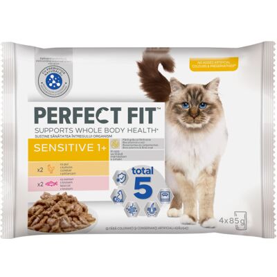 Perfect Fit Sensitive 1+ karma mokra dla kotów w saszetce - kurczak, łosoś 4 x 85 g Perfect Fit Sensitive 1+ karma mokra dla kotów w saszetce - kurczak, łosoś 4 x 85 g