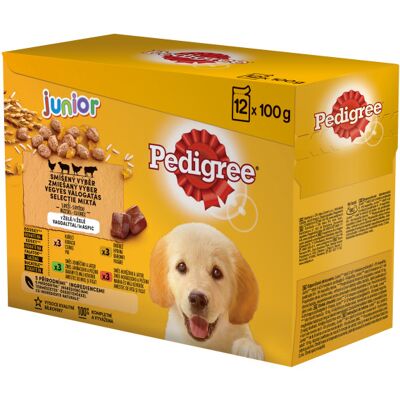 Pedigree Junior w saszetce z kurczakiem i ryżem, z jagnięciną i ryżem, z drobiem i ryżem, z wołowiną i ryżem 12 x 100 g Pedigree Junior w saszetce z kurczakiem i ryżem, z jagnięciną i ryżem, z drobiem i ryżem, z wołowiną i ryżem 12 x 100 g