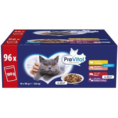 PreVital karma mokra w saszetce dla kotów - wybór smaków - kurczak, łosoś, wołowina, królik i indyk 96 x 100 g PreVital karma mokra w saszetce dla kotów - wybór smaków - kurczak, łosoś, wołowina, królik i indyk 96 x 100 g