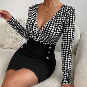 SHEIN Sukienka obcisła z nadrukiem w pepitkę, dekolt typu surplice, elegancka damska kopertowa z długim rękawem, głęboki dekolt w serek, dopasowana krótka,