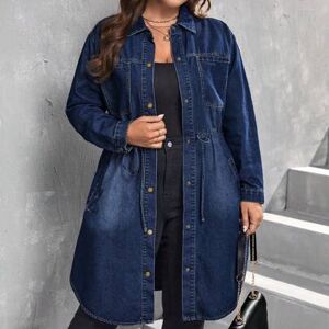 SHEIN Kurtka dżinsowa damska Plus Size ze ściągaczem w pasie i długim rękawem, swobodna, luźna, na wiosnę i jesień