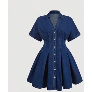 SHEIN Plus Size Denim Midi Dress Z Krótkimi Opuszczonymi Ramionami I Rozkloszowanym Dółem, Elegancka, Sukienki Midi Damskie, Renaissance Fair, Sukienki Jean