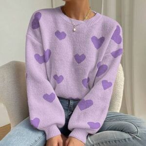 SHEIN Damski luźny sweter z dzianiny w serduszka, z obniżonymi ramionami, odpowiedni na jesień/zimę, z długim rękawem, sweter jesienny