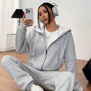 SHEIN Damska bluza z kapturem i ściągaczem w jednolitym kolorze, 2 sztuki, zestaw ze spodniami