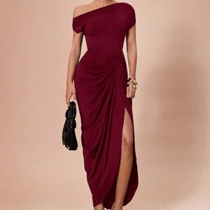 SHEIN Elegancka sukienka imprezowa dla kobiet, czarna elastyczna dzianina, wygodna, marszczona, drapowana, asymetryczna, dolna część sukienki midi, odpowied