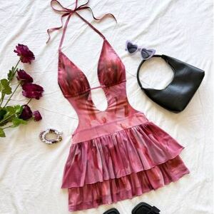 SHEIN Damska mini sukienka bodycon w stylu retro lat 70. z różowym wzorem tie-dye, dekoltem w serek, otwartymi plecami, wiązaniem i falbaną na dole, odpowie