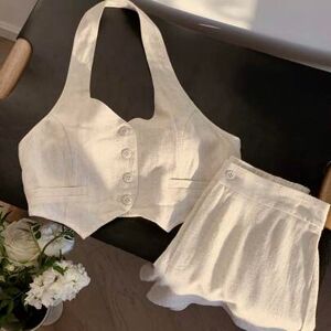 SHEIN Nowy komplet garniturowy z lnianej kamizelki typu halter w kolorze morelowym, wiosna-lato, jesień/zima