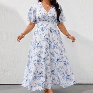 SHEIN Luźna sukienka w serek z rękawami typu nietoperz w kolorze niebieskim i białym z nadrukiem ceramicznym, na co dzień, na święta, w dużych rozmiarach