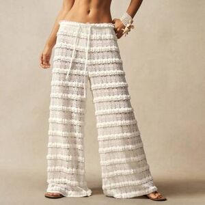 SHEIN Odzież wierzchnia w stylu boho na jesień/zimę, damskie spodnie z dzianiny w jednolitym kolorze, z koronką i falbanką, z wysokim stanem i szerokimi nog