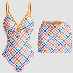 SHEIN 1 szt. damski retro krata niebieski wakacyjny styl mini sukienka jednoczęściowy kostium kąpielowy