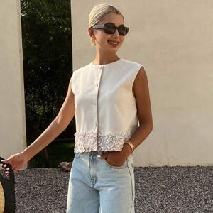 SHEIN Damska jednokolorowa dopasowana lniana kurtka z okrągłym dekoltem, swobodna, elegancka, letnia z kwiatowym wykończeniem, kamizelka wakacyjna