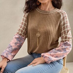 SHEIN Koszulka z długim rękawem w stylu amerykańskim, w stylu western country boho z kwiatowym nadrukiem, swobodny strój wypoczynkowy, bluzka w kratkę gingh