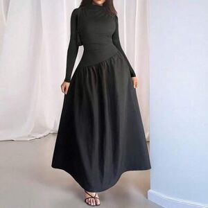 SHEIN Elegancka, jednolita, czarna, prosta, dzianinowa sukienka maxi z wiązaniem w talii, odpowiednia na wiosnę, jesień i zimę, dopasowana sukienka z golfem