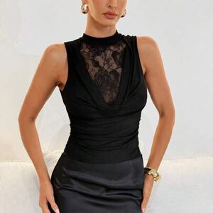 SHEIN Luźny, damski, retro, romantyczny, elegancki, koronkowy, marszczony dekolt, wysoka, elastyczna dzianina, dopasowany, modny top, damski, plus size, cza