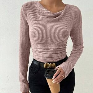 SHEIN Koszulka w stylu vintage z asymetrycznym drapowanym dekoltem, szczotkowaną teksturą, marszczona, dopasowana, z długim rękawem, prążkowana góra, krótki