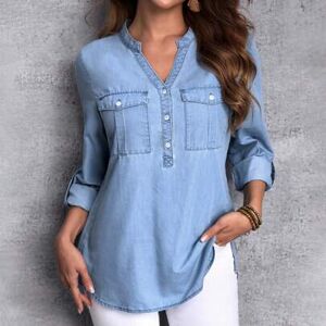 SHEIN Kurtka jeansowa Plus Size w jednolitym kolorze z wycięciem przy szyi i guzikami, swobodna, z długim rękawem