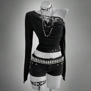 SHEIN Damskie koszulki na Halloween, gotyckie topy, czarne, koncertowe, rave, jesienne, damskie