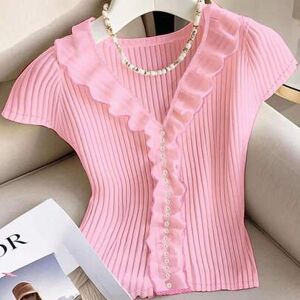 SHEIN Damska jednokolorowa, falbaniasta, prążkowana, z krótkim rękawem, elegancka koszulka z dekoltem w serek