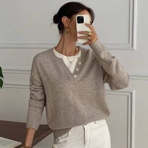 SHEIN Luźny sweter z okrągłym dekoltem w stylu henley, miękki dzianinowy sweter 2 w 1 dla kobiet, jesień