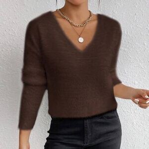 SHEIN Biały sweter z dekoltem w serek, swobodny, miękki, dzianinowy, z długim rękawem, jesień/zima
