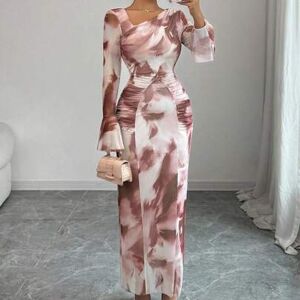 SHEIN 2025 Nowa Jesienna Damska Francuska Retro Sukienka Mini z Siatkowym Wzorem Tie-Dye, Plisowana Dopasowana, Rozkloszowana Rękawem