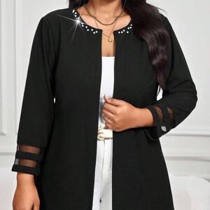 SHEIN Jesienne i zimowe eleganckie, swobodne, czarne, dzianinowe płaszcze z okrągłym dekoltem i koralikami, z długim rękawem i dużym rozmiarem