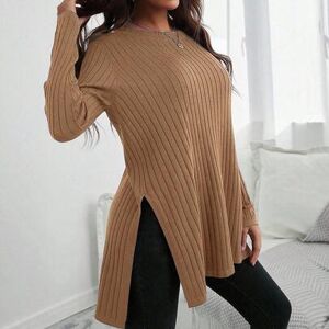 SHEIN Damski sweter w jednolitym kolorze z okrągłym dekoltem i rozcięciem w paski, swobodny, dzianinowy, z długim rękawem