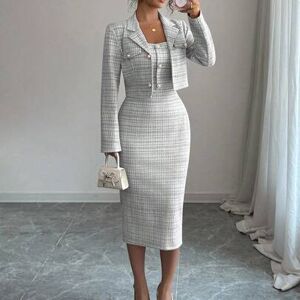 SHEIN Dwuczęściowy garnitur tweedowy: elegancka marynarka z karbowanym kołnierzykiem i dopasowana sukienka bez rękawów, szykowny strój na wiosnę/jesień