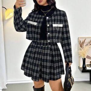 SHEIN Elegancki dwuczęściowy zestaw damski plus size w czarno-białą kratę, jesienna marynarka biurowa z długim rękawem i plisowana mini spódniczka, zestaw s