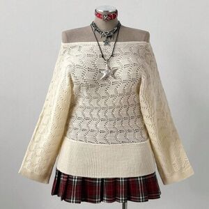 SHEIN Sweter damski w stylu boho/Y2K, z rozszerzanymi rękawami i dekoltem w łódkę, z wycięciem na plecach, swobodny i wygodny, odpowiedni na wiosnę, jesień