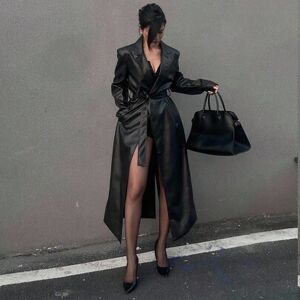 SHEIN Kurtka skórzana jednorzędowa z długim rękawem i klapami w stylu vintage, kardigan z wysokim stanem i paskiem, wiatrówka, jesienne ubrania damskie, cza