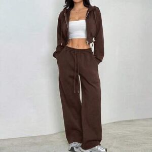 SHEIN Damski jesienny casualowy zestaw sportowy w ciemnobrązowym kolorze: krótka bluza z kapturem, sznurkiem i zamkiem błyskawicznym oraz luźne szerokie spo