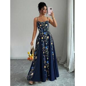 SHEIN Wiosenno-letnia, nowa, elegancka, granatowa, długa, bezrękawna sukienka maxi z kwiatowym nadrukiem, swobodna, plażowa, rozkloszowana, jednokolorowa, p