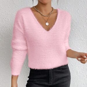 SHEIN Biały sweter z dekoltem w serek, swobodny, miękki, dzianinowy, z długim rękawem, jesień/zima