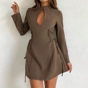 SHEIN Jesienno-zimowa damska nowa sukienka mini w kolorze brązowym w stylu cheongsam z kołnierzykiem i wyciętymi rękawami typu cap, wiązaniem krzyżowym w ta