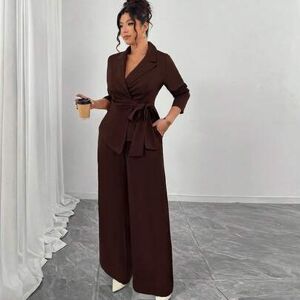 SHEIN Damski dwuczęściowy komplet plus size, elegancka brązowa jesienna marynarka biurowa z długim rękawem i kokardą, asymetryczny krój, spodnie z szerokimi