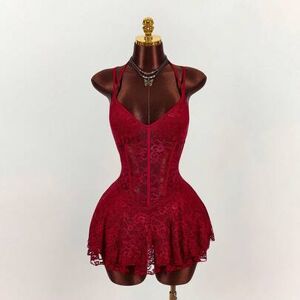 SHEIN Sukienka mini w stylu vintage, bez rękawów, koronkowa, patchworkowa, półprzezroczysta, dopasowana, bordowa, letnia, w stylu retro z lat 70., na wieczo