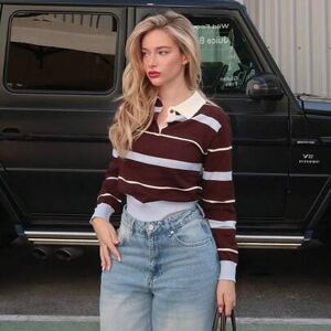 SHEIN Damski sweter polo w stylu uniwersyteckim na jesień/zimę, z kołnierzykiem w kontrastowe paski w kolorze brązowo-niebieskim i luźną dzianiną