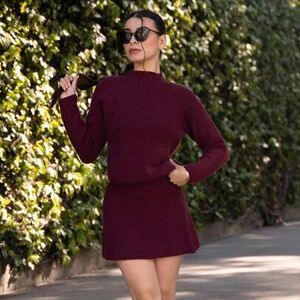 SHEIN Damski jesienno-zimowy, nowy, luźny sweter z dzianiny z kołnierzykiem typu stójka, rękawami typu raglan i mini spódniczką w kształcie litery A, 2 częś