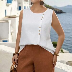 SHEIN Plus Size Kobiety Lato Swobodny Wakacje Codzienne Dojazdy Prosty Uniwersalny Jednolity Kolor Guziki Ozdobny Luźny Top