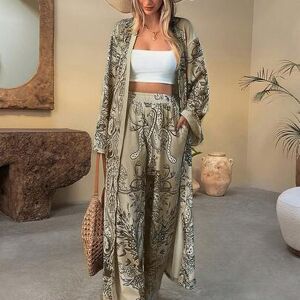 SHEIN Dwuczęściowy komplet, botaniczny nadruk, długa kurtka kimono, szerokie spodnie, strój na wakacje, narzutka plażowa, kolekcja boho